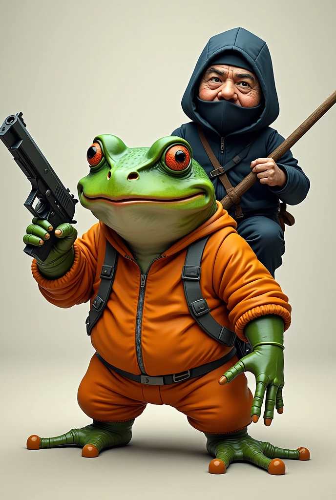 He wears ((cartoon toad))), ((orange))), (((gray))), and (((old man on the back))), ((ninja costume)). Holding a (gun))) in his hand, he points at the camera with a psychotic expression.
