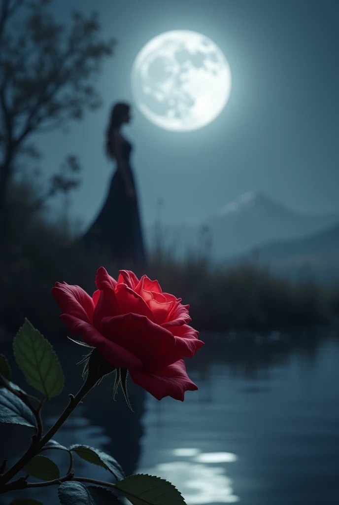 For a more lovely cover, imagine a soft, moonlit night with a gentle, silver glow. In the foreground, a beautiful dark red rose with delicate petals that transition to deep crimson at the tips, surrounded by a faint, ethereal shimmer. The moon, large and luminous, casts a serene light over the scene, reflecting off a tranquil pool of dark, cold water beneath the rose. In the background, a graceful figure, dressed in elegant attire, stands with a sense of quiet strength, gazing up at the moon, hinting at the story's depth and conflict without overt darkness.