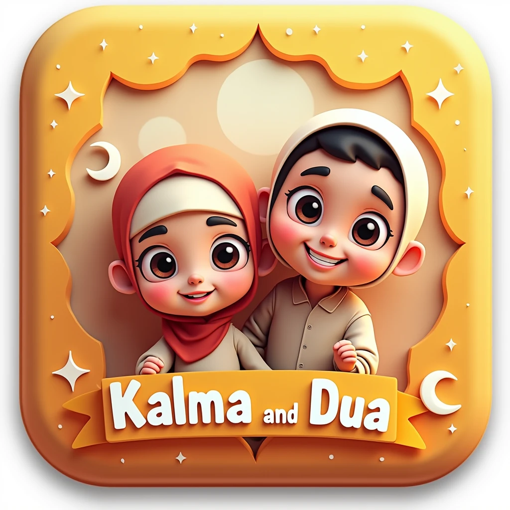 Design the kids app icon top text is "Kalma and Dua" and below of text Islamic Kids cartoony image in 3d app icon