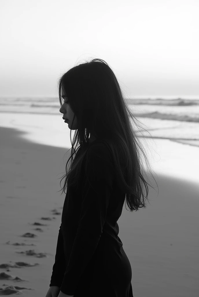 black and white photo, Girl on the beach, no face showing, with hair in front