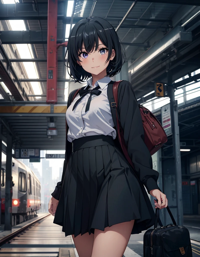 score_9, score_8_up, score_7_up, source_anime, best quality, amazing quality, absurdres, very aesthetic, 1girl, purple eyes, wariza, medium hair, bob cut with layers, black hair, portrait, starshadowmagician, solo, 1 girl, best perfect anatomy, thin, curvy body, flat breasts, close up shot on person, a girl showing happy, smile, blush, medium angle shot, looking at viewer, Hide your arms behind your back, standing pose, white format shirt, long sleeve, black tie, long black skirts, maxi skirt, black socks, Wearing a school hand bag, dynamic angle. perfect dynamic composition, foreshortening, night days, volumetric lighting, Detailed background, Cinematic lighting, Sunlight, Waiting train, train station, Stand on the platform,