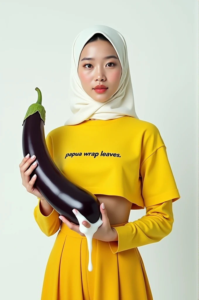 beautiful Korean woman wearing a hijab, wearing a yellow crop top t-shirt that says PAPUA WRAP LEAVES, holding a large and long eggplant, at the end of the eggplant there is thick white melted milk, white background