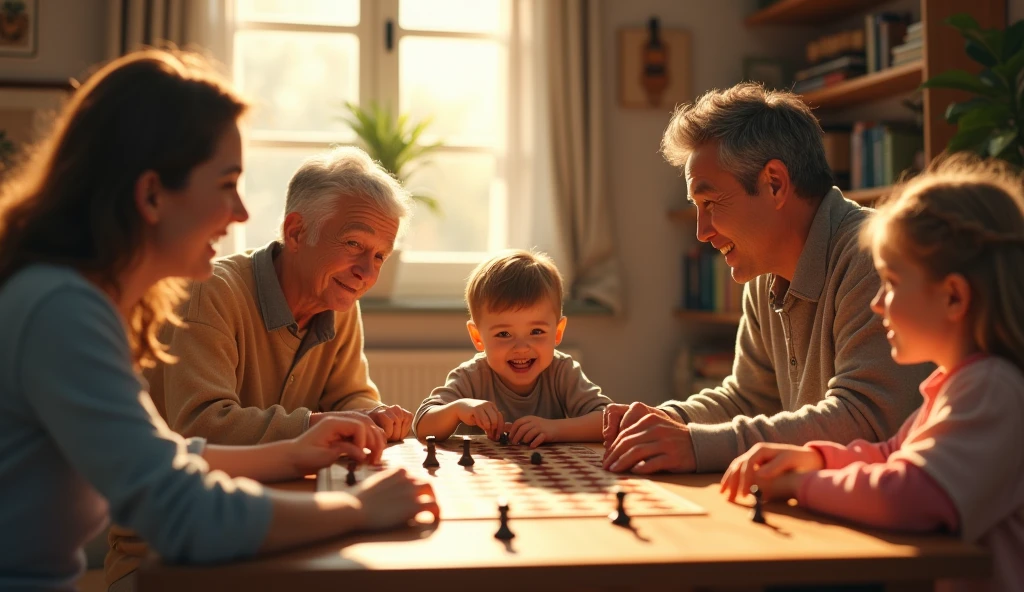 A family gathered around a table, deeply engrossed in a board game. Laughter spills across the room as a mischievous child tries to cheat, bringing a playful reprimand from a loving parent.