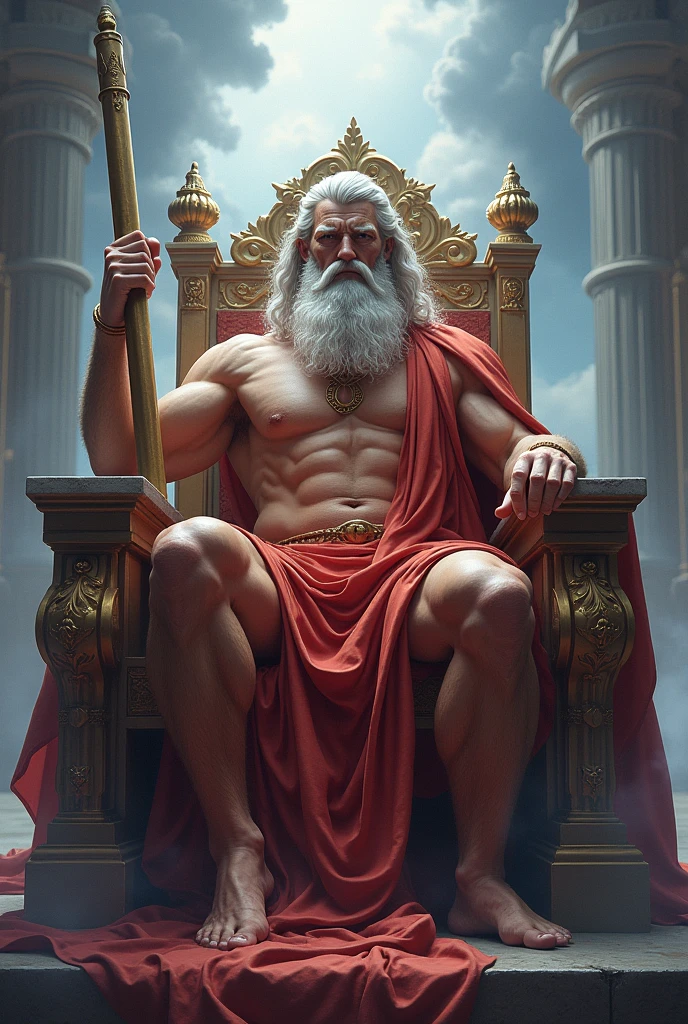 Greek god zeus god of thinder sit on a throne with a thunderbolt in his hand