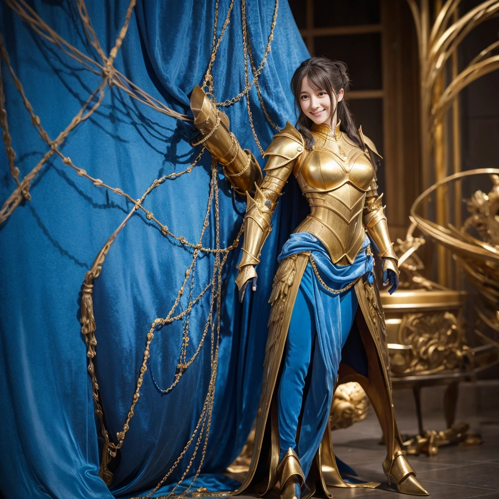 Abstract. Realistic full body photo with lots of exposure. Background is indigo blue velvet cloth. Camille Claudel style. Heroine's archaic smile sculpture in revealing golden armor falling to the ground.