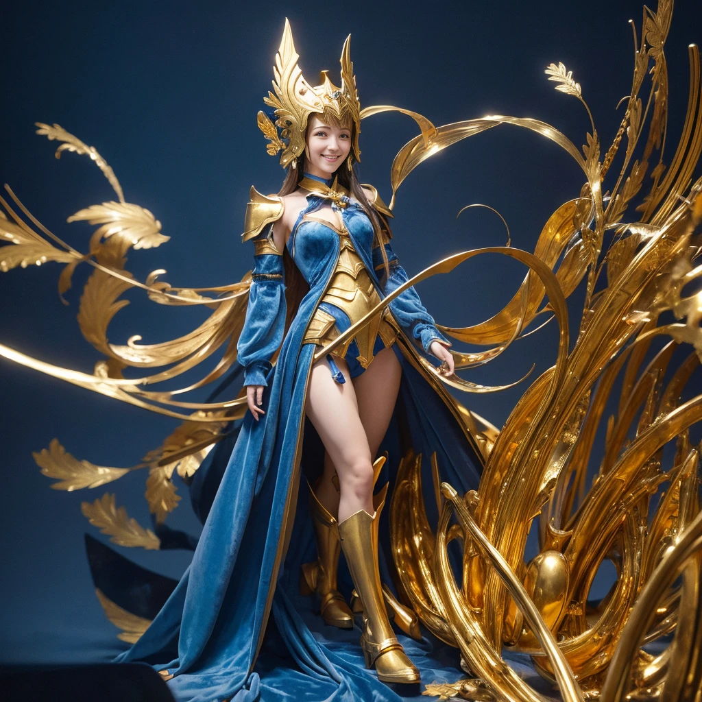 Abstract. Realistic full body photo with lots of exposure. Background is indigo blue velvet cloth. Camille Claudel style. Heroine's archaic smile sculpture in revealing golden armor falling to the ground.