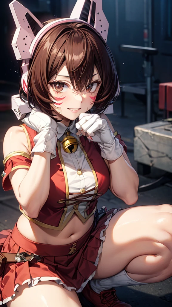 Cowboy Shot,shinososaki, Shino sosaki, short hair, Brown Hair, Sweat,Animal ears, Hair between the eyes, (Brown eyes), headgear, Facial blemishes, Face Paint, smile,gloves, belly button, No sleeve, abdomen, Bell, Red Skirt, neck Bell,((Animal Hands)),((Claw Pose)),(squat,Kneel),masterpiece,Noise Reduction,Perfect Anatomy,High resolution, Very detailed, Very detailed face,Game CG,Dutch Angle ,Beautiful attention to detail,Visual Arts,Five Fingers, Perfect hands, Perfect lighting, Sparkling Eyes,