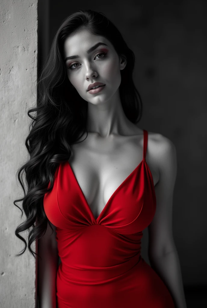 Image noir et blanc, Jeune femme gitane, du voyage, au forme, vetement moulée rouge, bonne poitrine