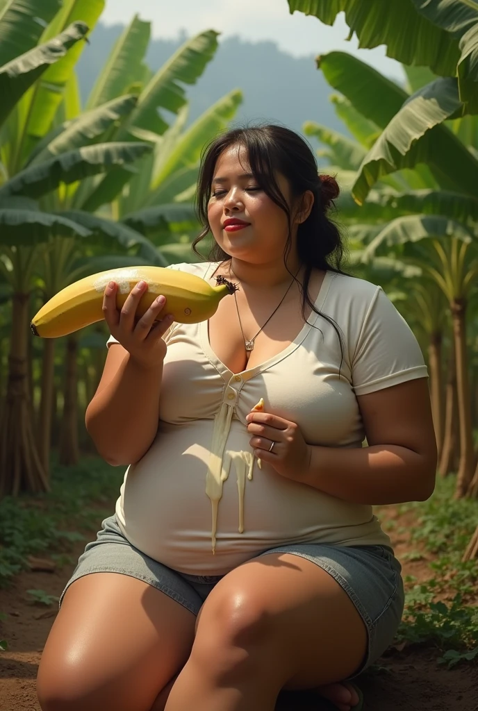 an Indonesian woman,sexy plump body,short t-shirt and skirt,sitting in a banana plantation on the edge of the village,carrying a large banana full of white mayonnaise liquid,An expression of exhaustion,climax satisfied smile,mouth full of mayonnaise