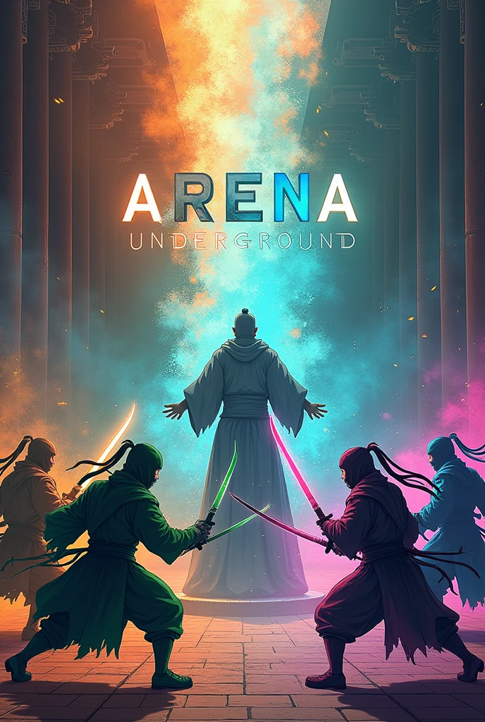 make a picture of two ninja clans of different colors fighting in an arena inside a ninja temple, based on the color orange, green and blue. . all with anime-like drawing style. and in the middle of the image with modern letters and lights, put the words Arena Underground. can make it look like a tournament is going on, an emperor in the middle looking. may have spells and the name in the middle has capital letters, and when there is a sword it is in the ninja's hand