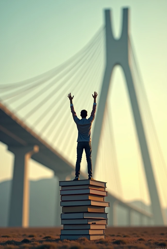 Reaching for greater heights the human steps on books and there is a big bridge in front of him