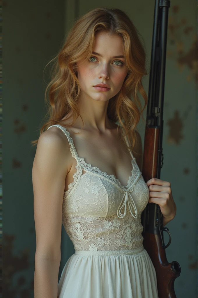 blonde girl, of medium height, pale brown eyes, athletic build, clear skin, melancholic depression, wavy copper blonde hair. Dressed in a white lace dress and holding a rifle