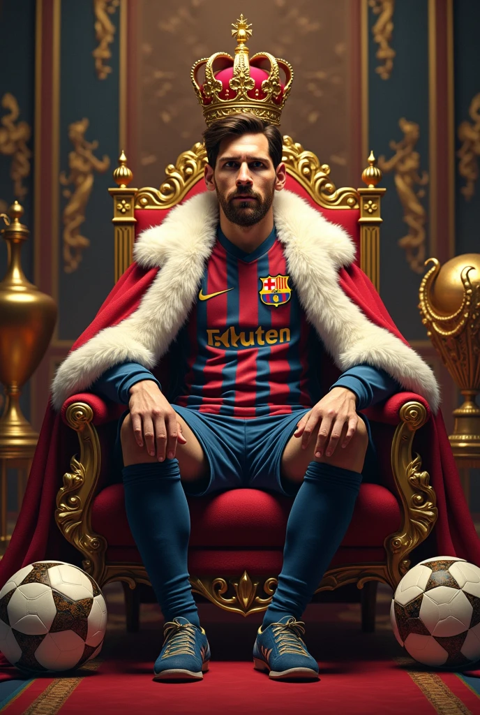 Messi as a king. He is surrounding by football