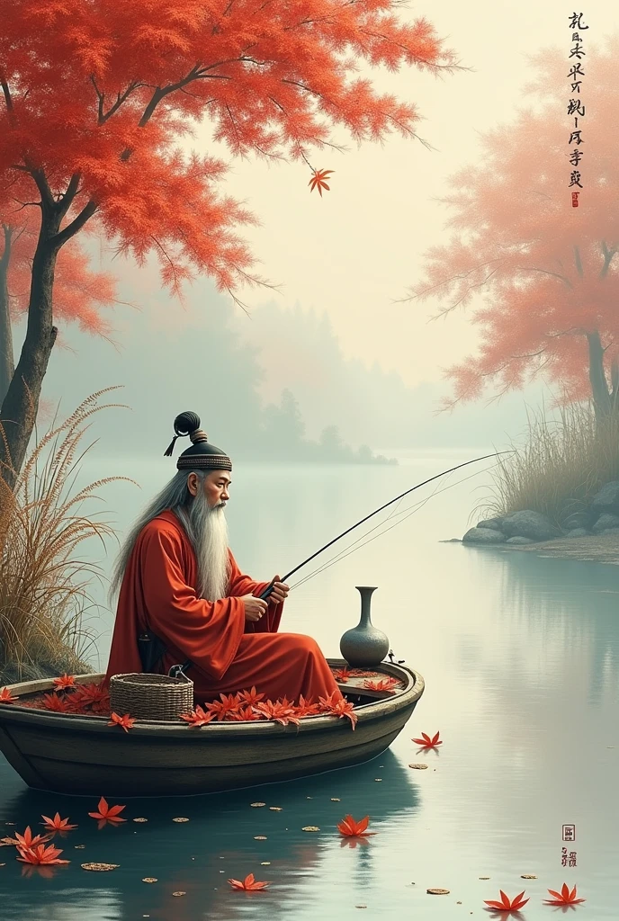 Autumn, maple leaves, reed flowers, ancient costume man, long hair, small boat, fishing, fish basket, wine pot, guqin, Chinese pointillism ink painting