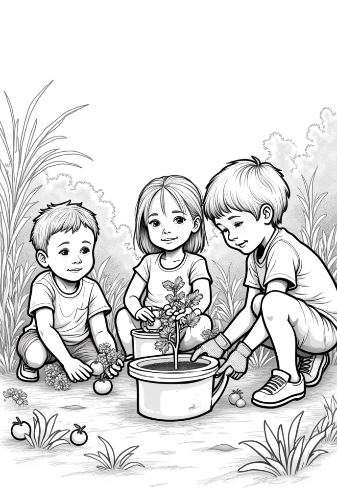 Line drawing of children helping to plant tomatoes.