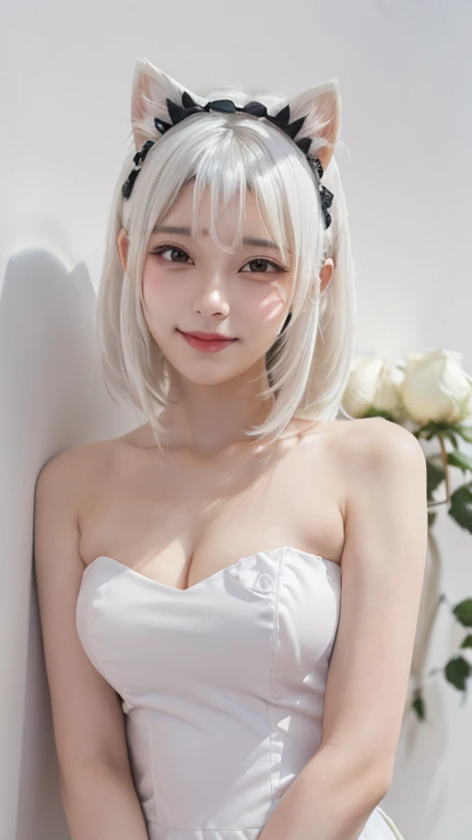 (Emo art:1.6), masterpiece, 4K, Bokeh, high school girl, Beautiful Face, (Cat ear:1.3), (White Hair:1.6) , (Japanese Idols:1.6), Blushed, (White maid costume :1.4), Looking at the audience, close,
(White background :1.4), ( A wall of lots of white roses:1.6),Cute smile,Long Straight Hair