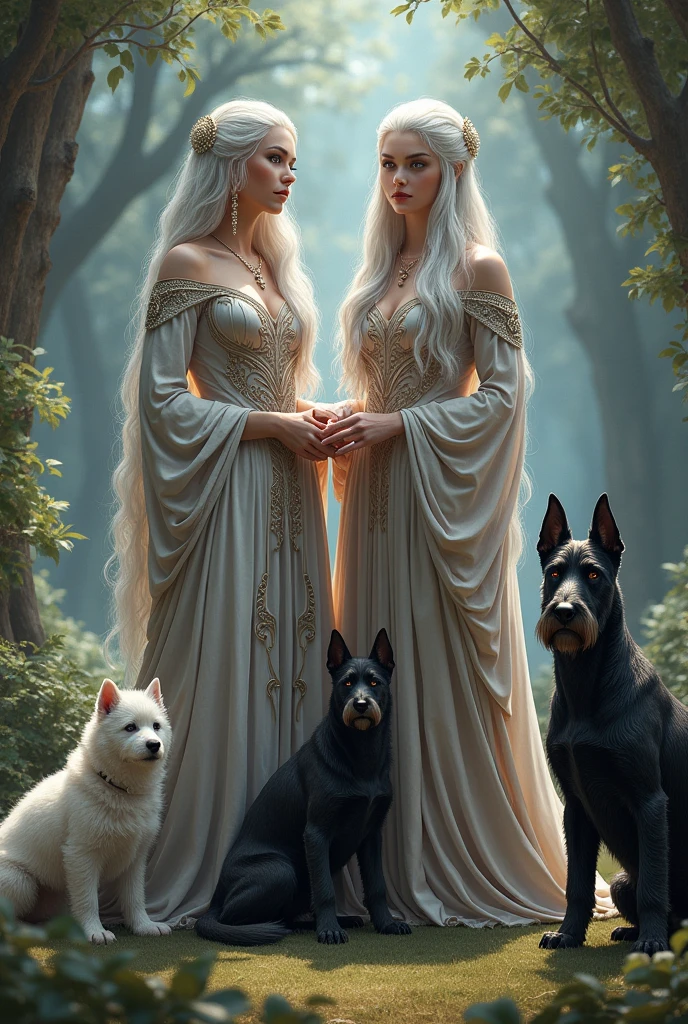 Two female Targerians and two female dogs, one small white and one medium-sized, and the other black Snauzer dog. 