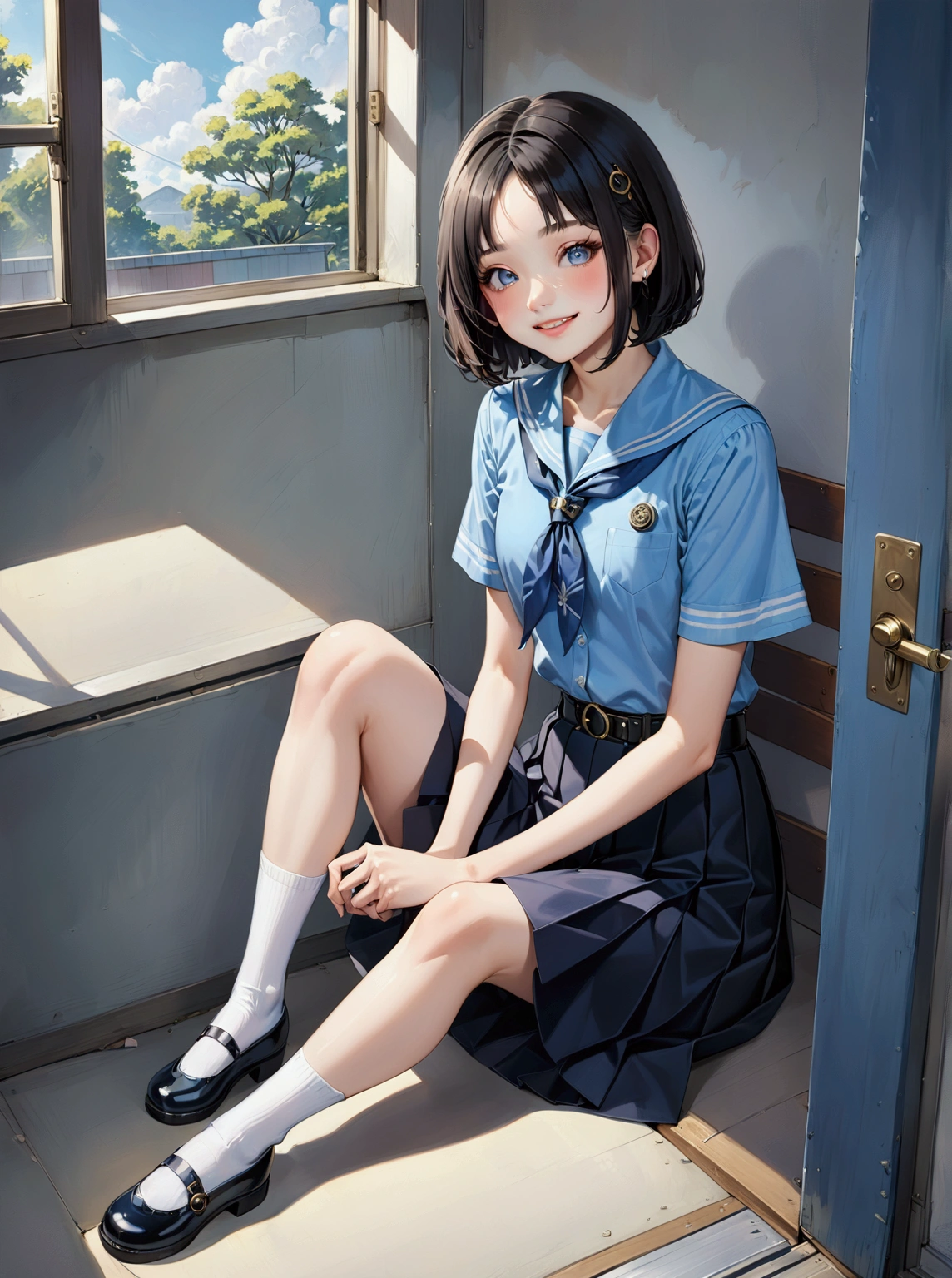 realistic anime illustration of pretty young girl is sitting near classroom 's window, smiling with teeth, black bob cut (+forehead), wearing pastel blue short sleeves collared shirt, navy-blue neckerchief, navy-blue pleated pencil long skirt, black belt with gold circle buckle, white socks and black mary-jane shoes, (1girl, solo,full body), (masterpiece, best quality, japanese anime style), BREAK, (pastel blue short sleeves collared shirt, navy-blue neckerchief, navy-blue pleated pencil long skirt, black belt with gold circle buckle, white socks and black mary-jane shoes)