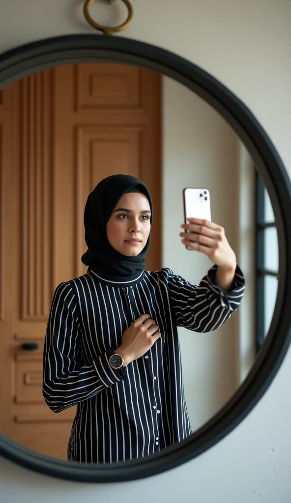 A young woman body perfect wearing a hijab and a black and white striped blouse taking a mirror selfie. She is standing in front of a round mirror with a black frame, holding her I phone with one hand while wearing a smart watch. The background shows a wooden door with vertical panels and a window with grid design. The setting has a modern and stylish vibe with a mix of textures, including the smooth black frame of the mirror, wooden surfaces, and a light-colored textured wall. The woman has a neutral expression, and the lighting is soft, creating a warm ambiance. Style Of vivid Photografy 8K Resolations