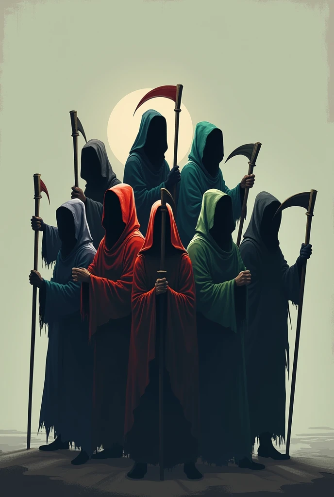 Eight small faceless grim reapers with different colors in 2D mode and without background, each wielding a scythe