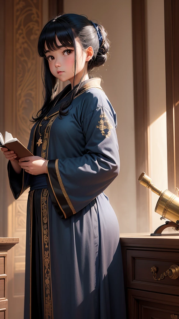 Drawing of the highest quality, extremely clear, the highest level of detail, Maximum attention to detail, fat slim young girl, black hair, half-turn, in a blue robe, embroidered with golden stars, stands in front of an old carved mahogany bureau, and make notes in old scrolls, behind him is an old telescope on a tripod, decorated with bronze., On the walls of the room made of rough grey stone are old engravings depicting constellations..