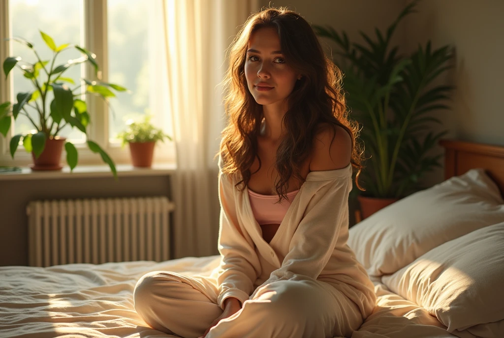 (photorealism:1.2), beautiful woman, sitting on bed, wearing loose off-shoulder top, pajama pants, long curly hair, indoors, soft lighting, plants in background, window with sunlight, cozy room, relaxed pose, realistic, intricate details, warm colors, by Greg Rutkowski, by Alphonse Mucha