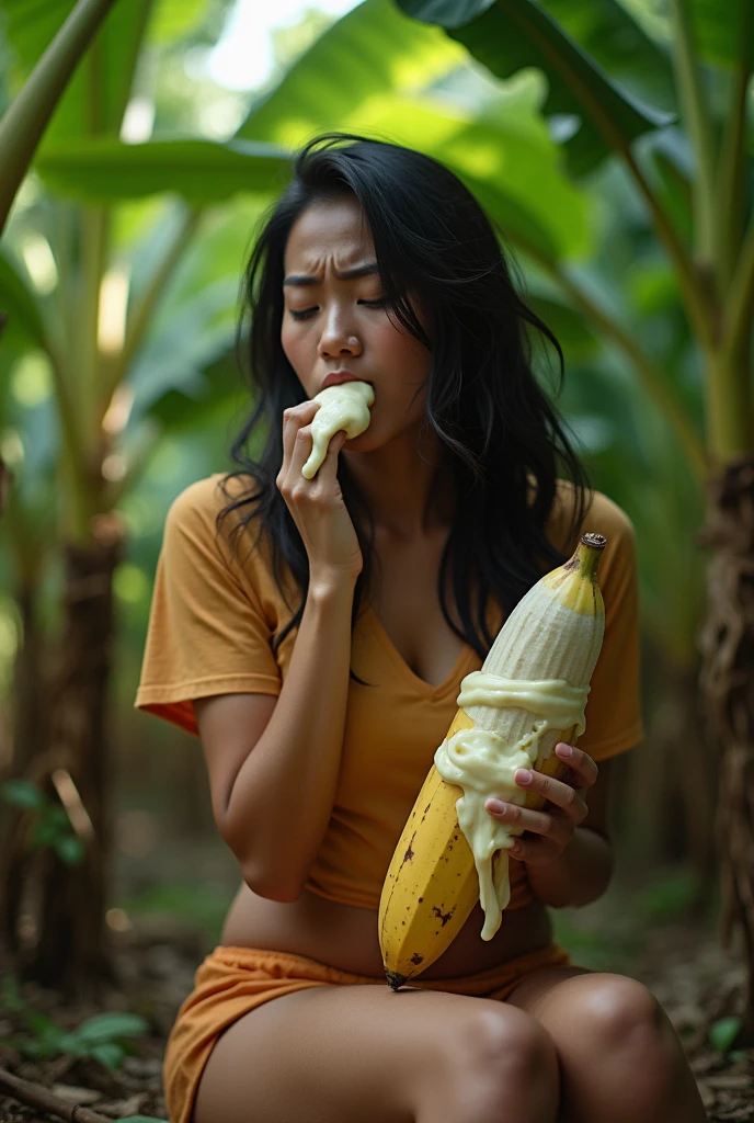 an Indonesian woman,badan sexy,short t-shirt and skirt,sitting in a banana plantation on the edge of the village,carrying a large banana full of white mayonnaise liquid,An expression of exhaustion,climax satisfied smile,mouth full of mayonnaise