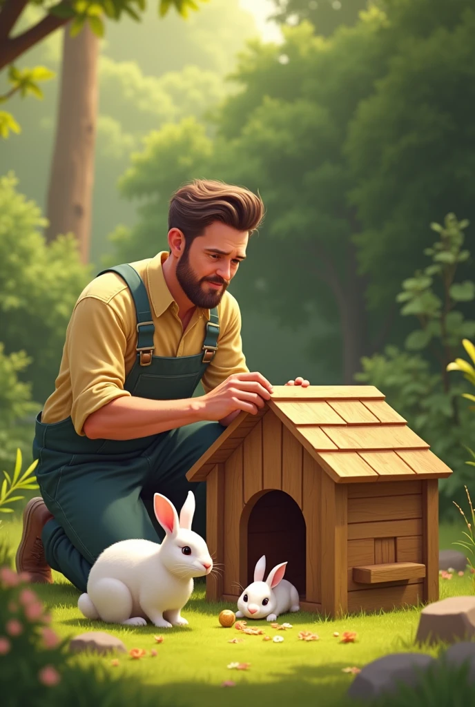 Father building a house for rabbits