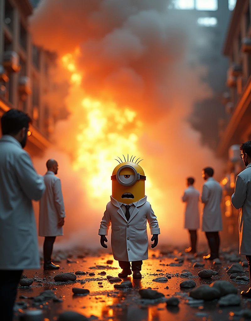 Other scientists stood watching. .Minion scientist Kevin in scientist suit. walk out of the lab explosion fire. The surrounding scene is filled with smoke and ruins. 