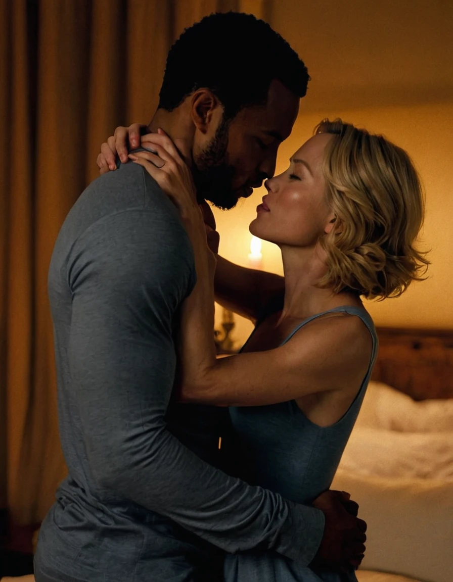Isaiah Mustafa and Naomi Watts share a steamy kiss inside a bedroom lit only by candlelight. Naomi has lovely makeup on her face. Nighttime. Romantic ambiance. Symmetrical eyes. Symmetrical faces. Lovely details. Photorealistic. Full-colored photo. Professional photo. Highly detailed 8K.