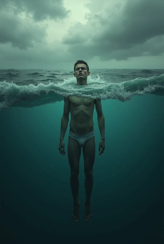 Make a faceless young men who is 1 under the sea with rain darky clouds