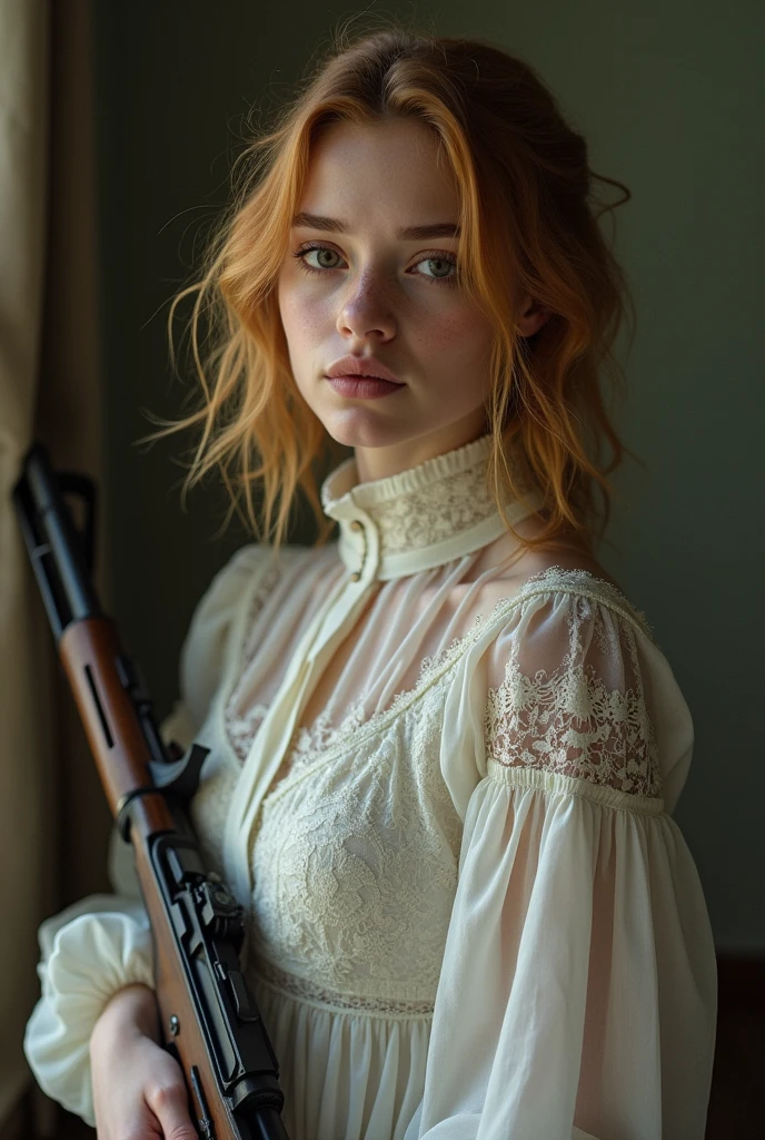 blonde girl, of medium height, pale brown eyes, athletic build, clear skin, wild and melancholic depression, wavy copper blonde hair. Dressed in a high-necked white lace dress and holding a rifle