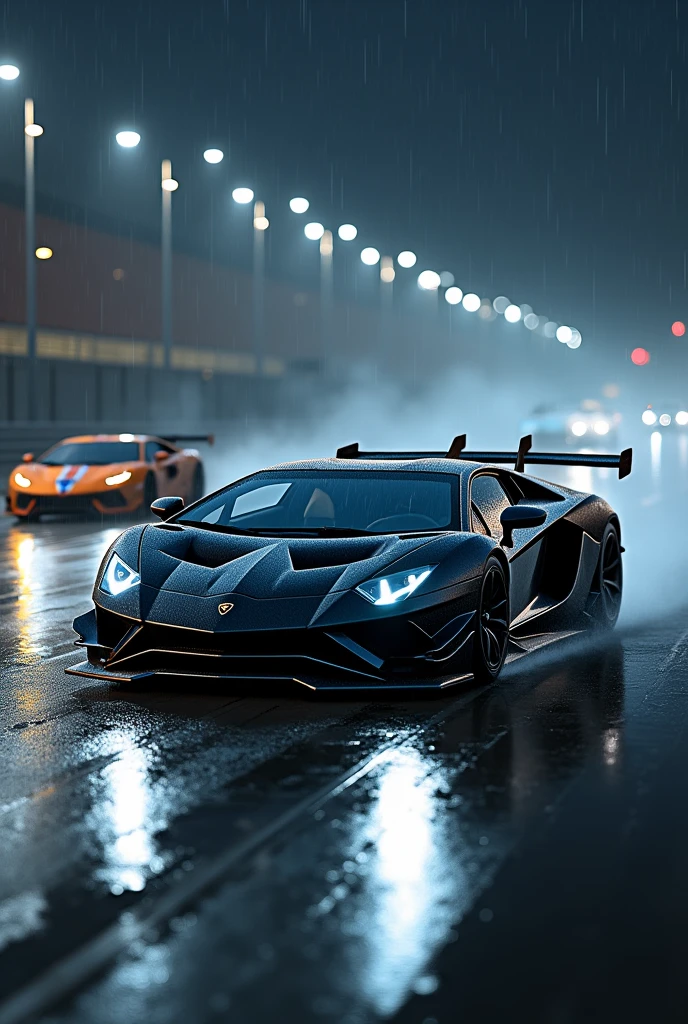 Lamborghini Aventador SVJ on a rainy track at night with some sports cars in the background, she is turned sideways half forward