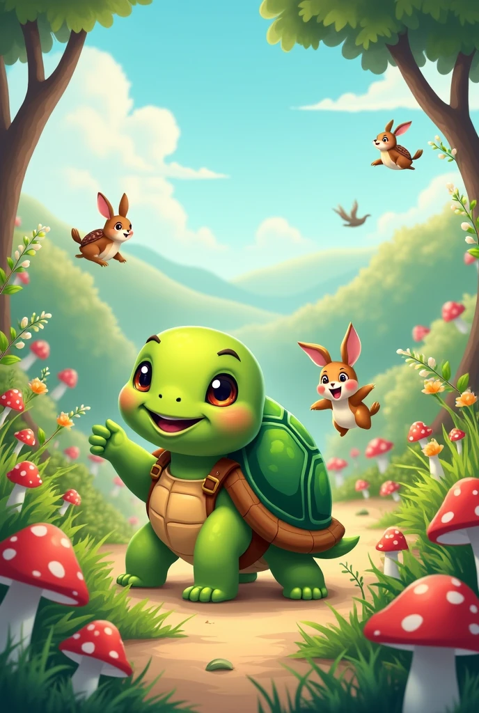 A turtle friend to other animals in 2d cartoon