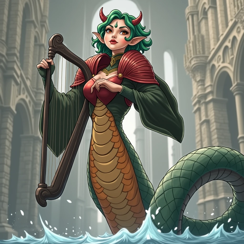 Anime cartoon style, naga woman, woman with snake legs, armor red and black, bard with harp, green hair, short hair, beautiful face, orange and grey skin color, fantasy dungeons and dragons, medieval, mitological, atletic body