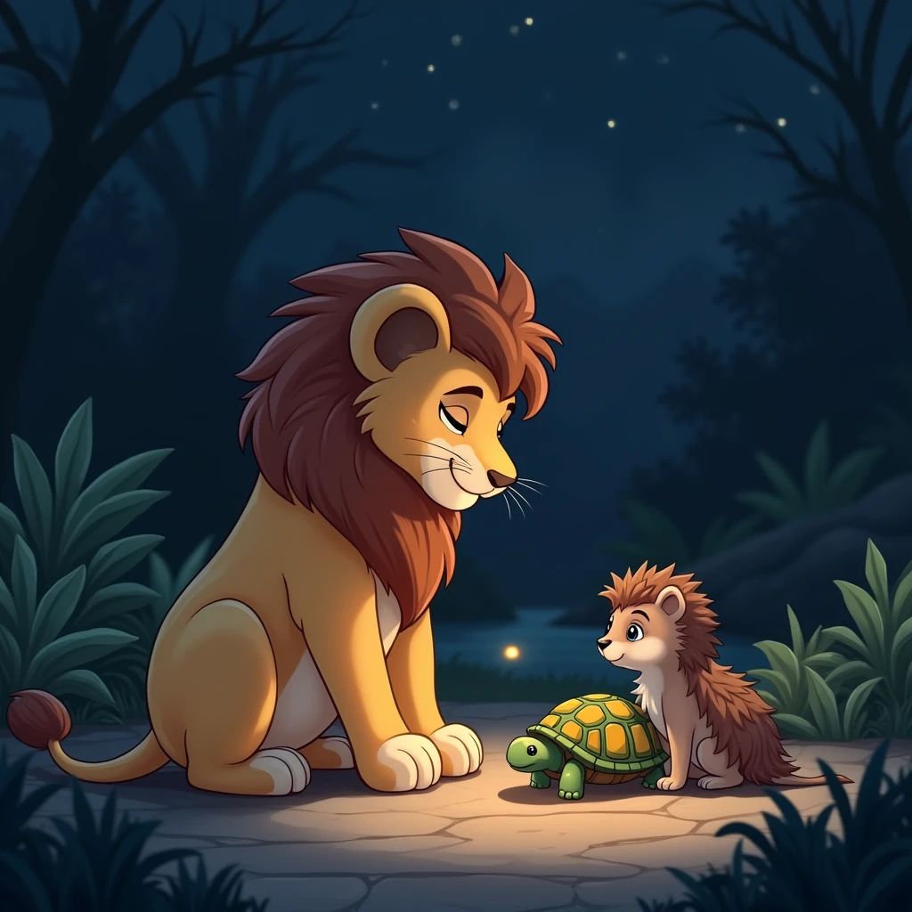 The background is the zoo at night。A gentle male lion smiles and sleepily talks to a turtle and a hedgehog。Anime-style drawings。