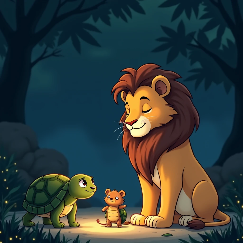 The background is the zoo at night。A gentle male lion smiles and sleepily talks to a turtle and a hedgehog。Anime-style drawings。