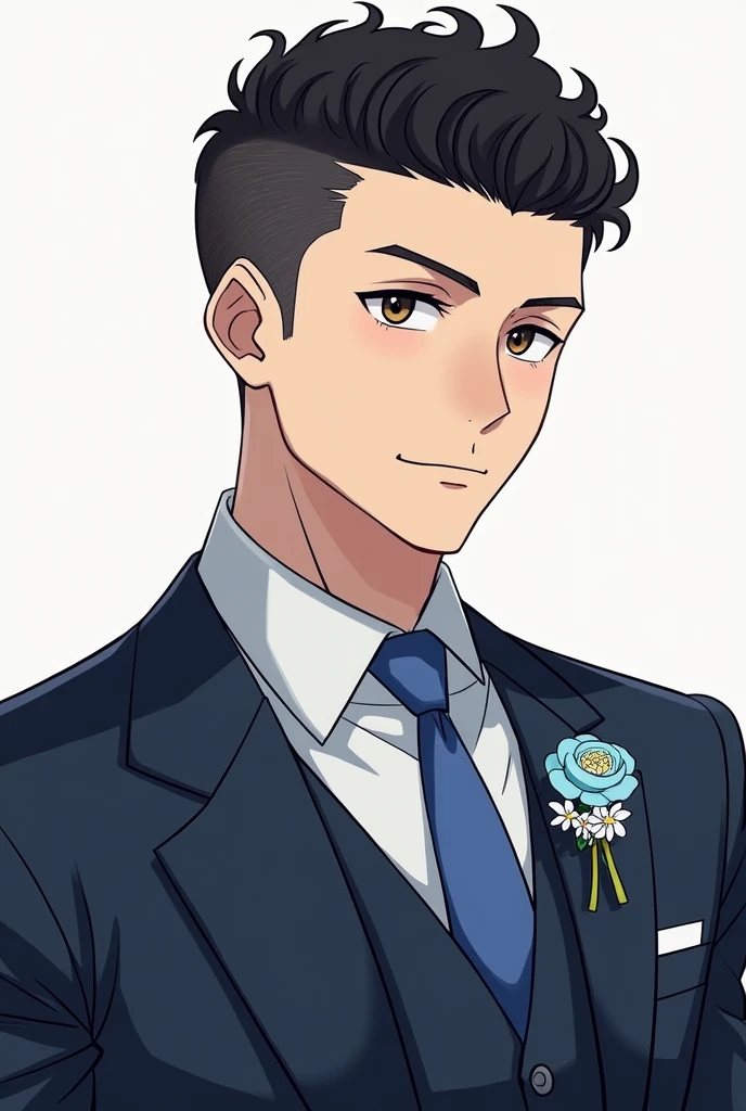 Style manga, homme noir 26 ans, costume 3 pieces bleu foncé boutonniere fleur bleue claire et blanche. Cheveux crepus courts et rases sur les côtés. chemise blanche. Yeux marrons foncés, il sourit un peu timide mais charmeur. Levres fines, nez épaté 