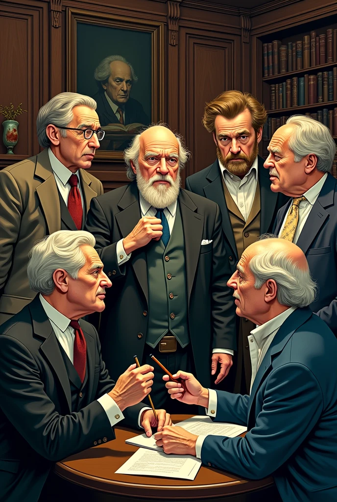 Philosopher together with other intellectuals. Old comic type