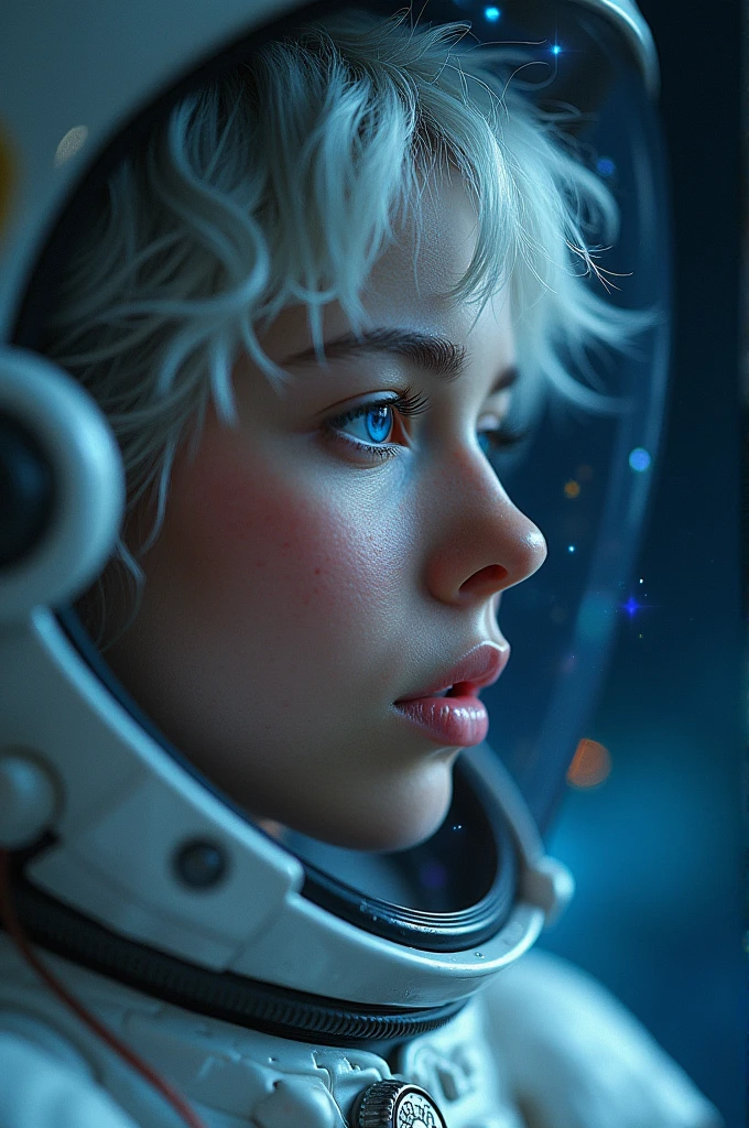 (Close-up of a better masterpiece:1.5)0.9], (Space and astronauts:1.2) (Messy silver hair:1.1) (Heterochromia xanthochromia and blue eyes:1.2) (Space Helmet:1.0) (Colored stars in the eyes:1.0) (A radiant glow:1.1) (thick lips:0.9)