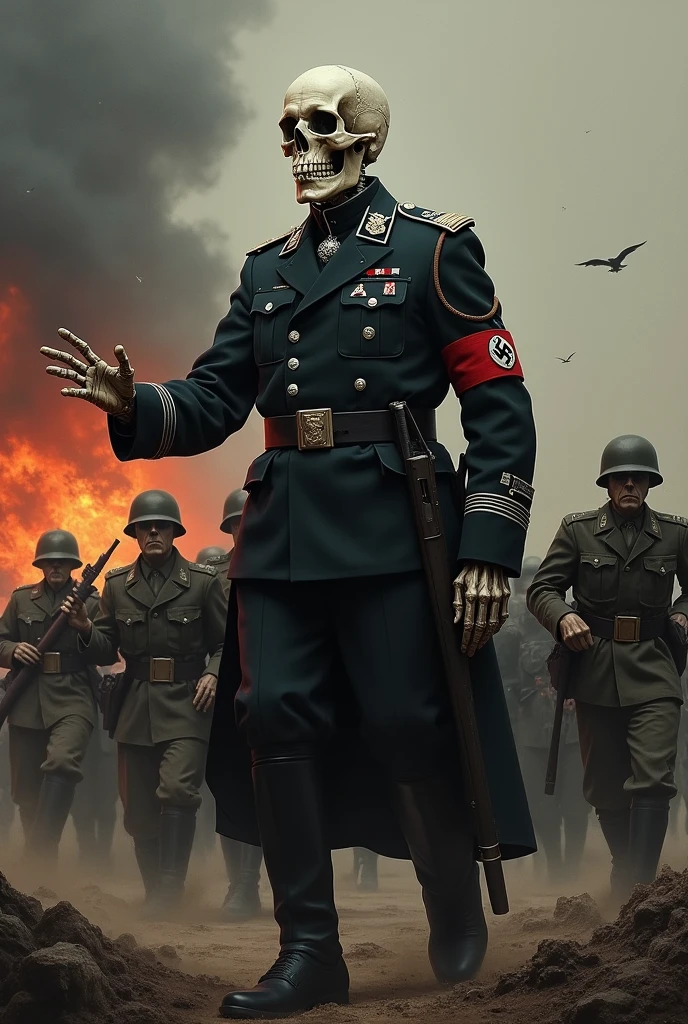 Create a painting of a German military officer(nazi) leading the artillery, but he is a skull. As if it were death. He is ordering the soldiers to shoot.