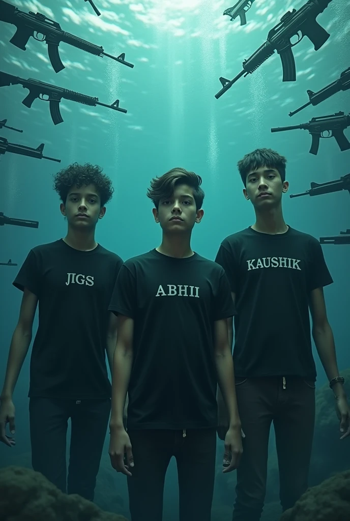 3 boys are  under  water first boys on T-shirt name JIGS second boy s on t shirt name ABHI third boy on tshirt name KAUSHIK written background are very guns all boy are in black t-shirts all boys have sesone 2 ff pent
