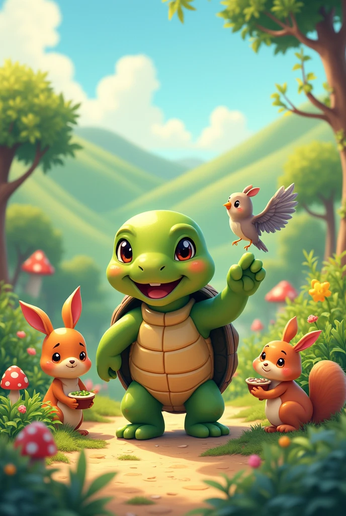A turtle friend to other animals in 2d cartoon