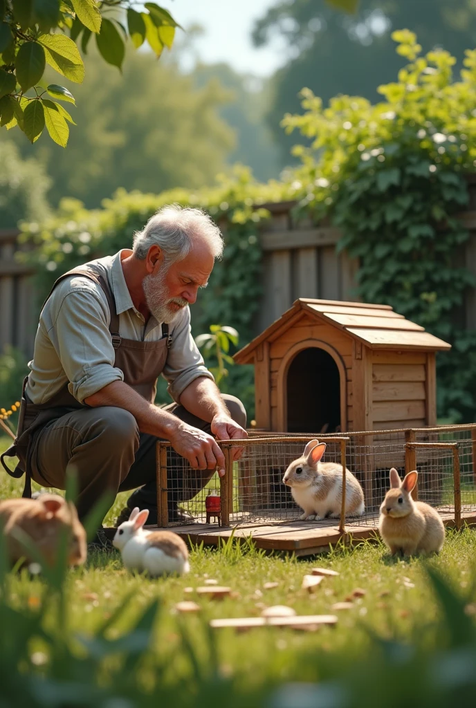 Father building a rabbit house with a fence around it