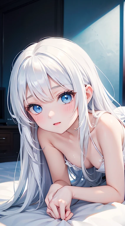 1_girl, Long white hair, Blue Eyes, Small breasts, Sexy pose wearing white, cushion, Lots of light, On all fours、Covered by the camera、White liquid on the face、Jumping on the cameraman&#39;s body、Stick your butt out、I can see the nipples、Licking a long balloon