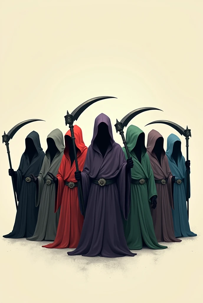 Eight small faceless grim reapers with different colors in 2D mode and without background, each wielding a scythe