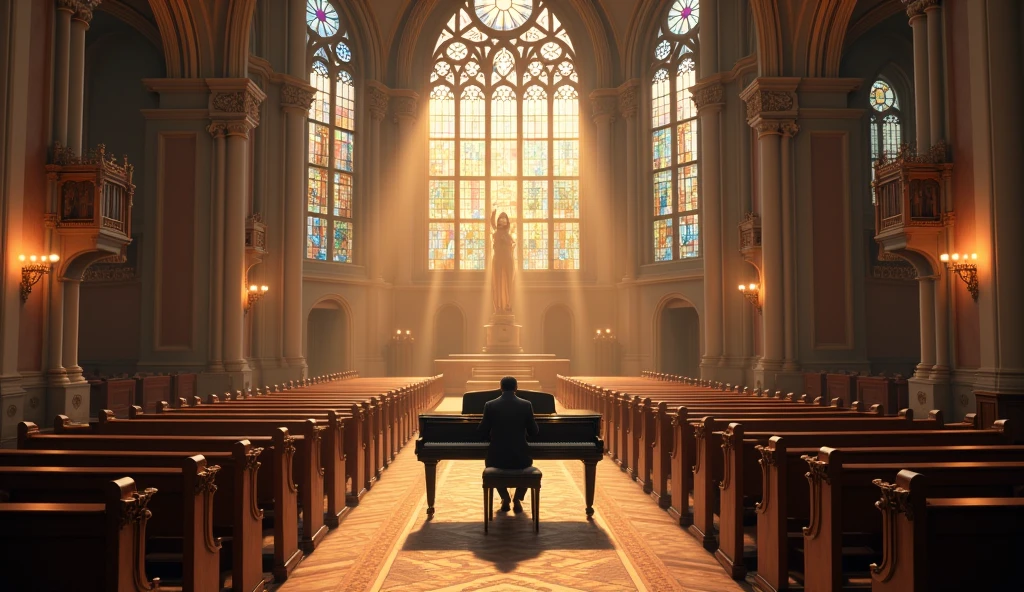 Worship piano in a grand church, beautifully detailed, soft warm lighting, intricate stained glass windows, serene atmosphere, cinematic composition, digital painting, 4k resolution, inspired by Greg Rutkowski and Thomas Kinkade.