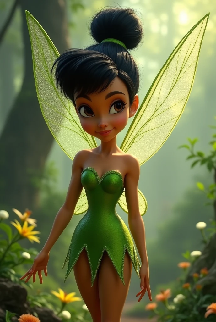 pixar image, Tinkerbell looks exactly the same as the Disney original, but with black hair, black eyes DARK brown skin, original green clothes , hair tied up like real hair, image showing Tinkerbell's entire body from head to toe, looking forward, with wings in an enchanted forest