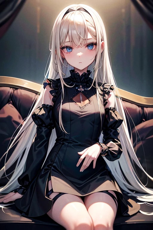 Immobile ball-jointed doll girl, mannequin, machine, black dress, expressionless, white blonde, long hair, blue hollow eyes, sitting on a sofa with good posture, Middle Ages, dark Western-style mansion, translucent white skin
