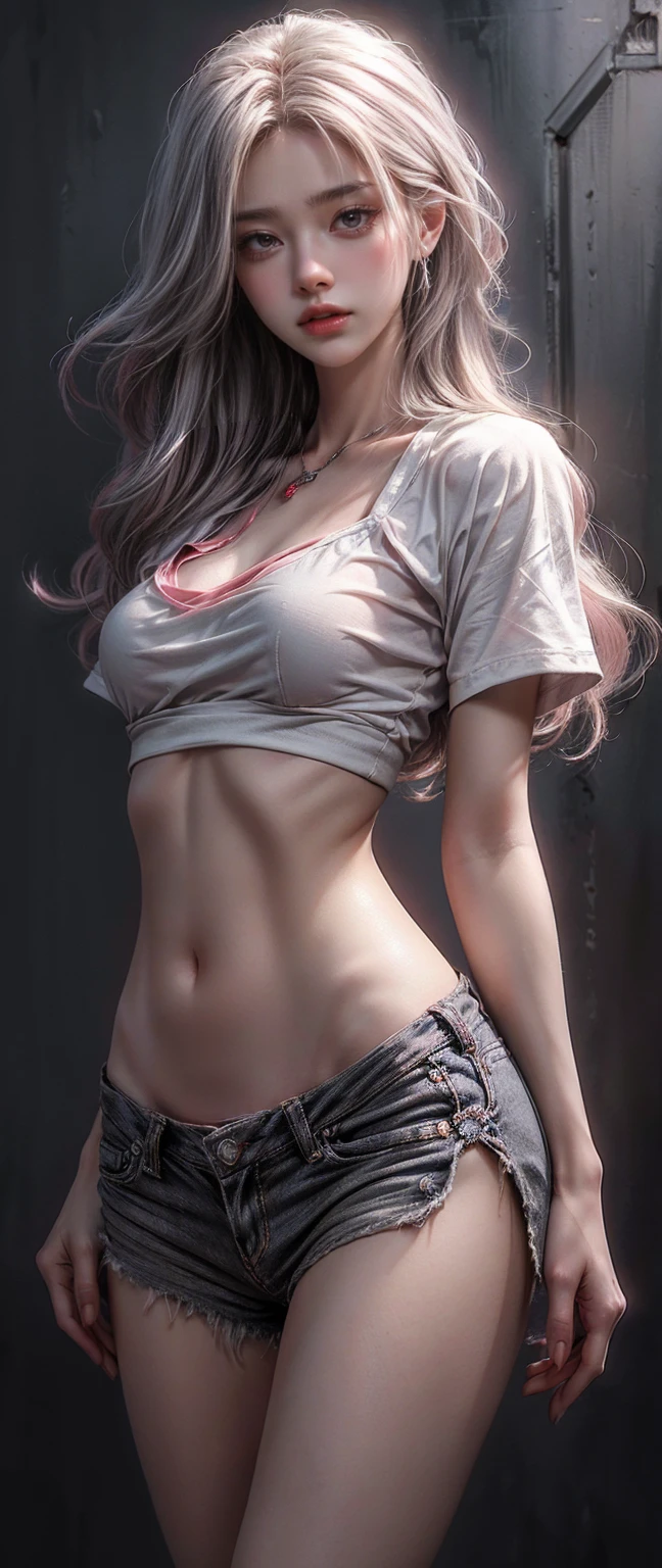 photorealistic, high resolution, 1women, shining skin, solo, jewelry, pink lips, long white hair, blue eyes, closed mouth, hips up, Grey Short Sleeves, Open Abdomen, Black Super Short, tattoo